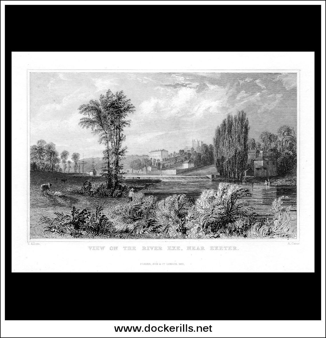 View On The River Exe, Near Exeter, Devonshire, England. Antique Print, Steel Engraving 1831.
