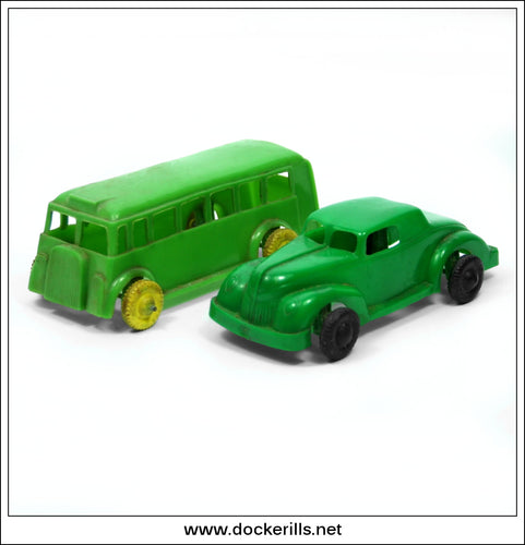 Vintage Palitoy Plastic Vehicles, Ford & Green Line Bus, Great Britain, 1950's.