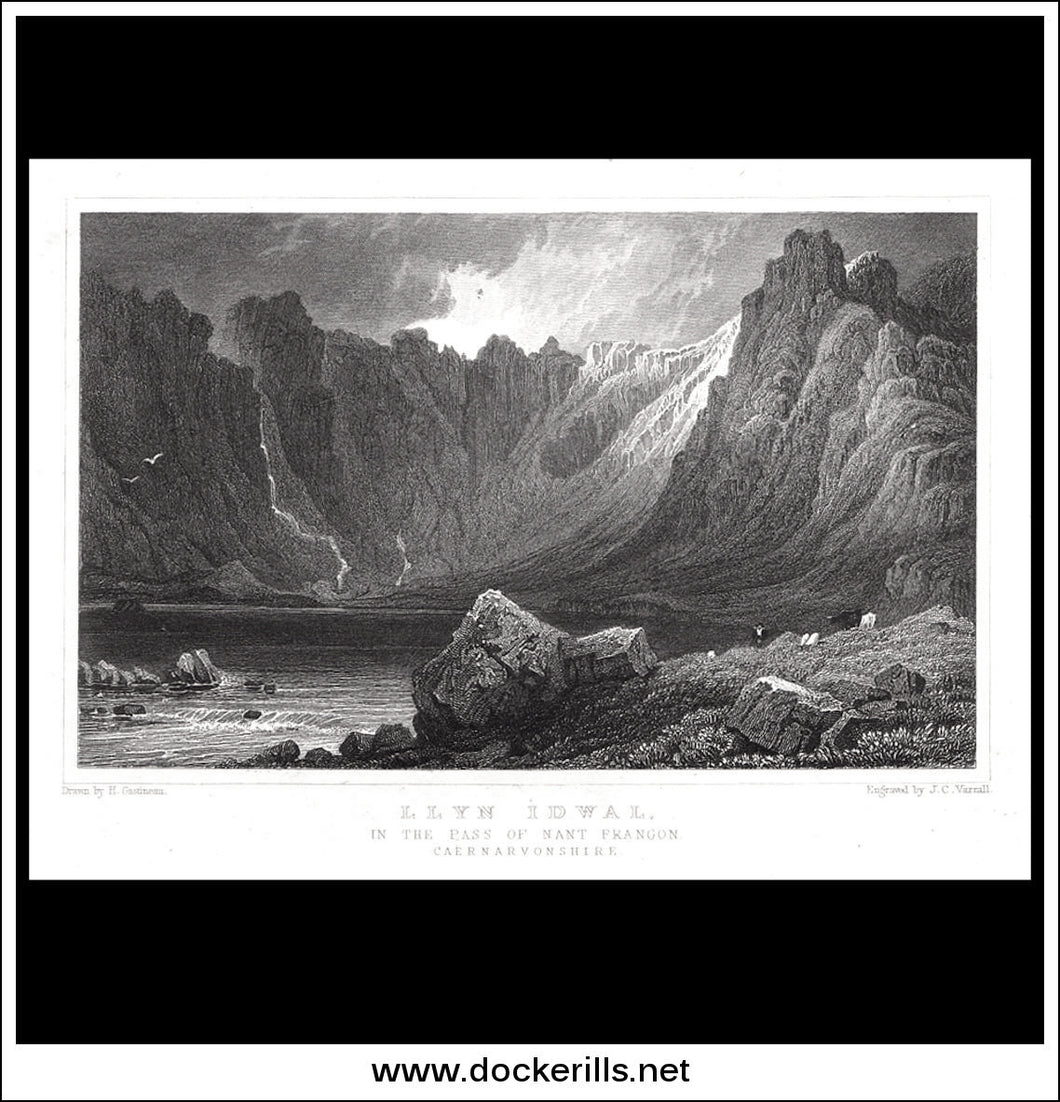 Llyn Idwal, Caernarvonshire, Wales. Antique Print, Steel Engraving 1830.