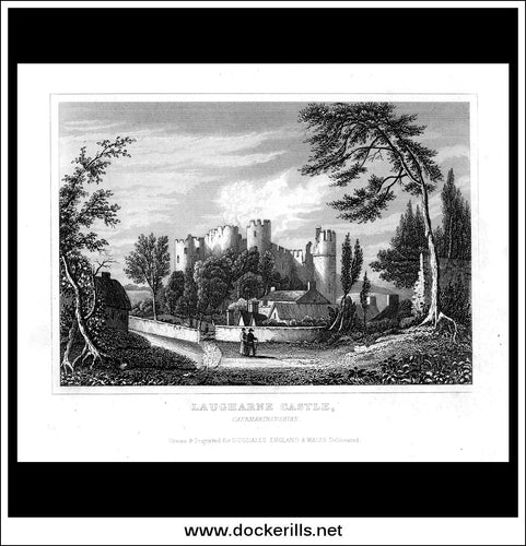 Laugharne, Caermarthenshire, England. Antique Print, Steel Engraving 1840.