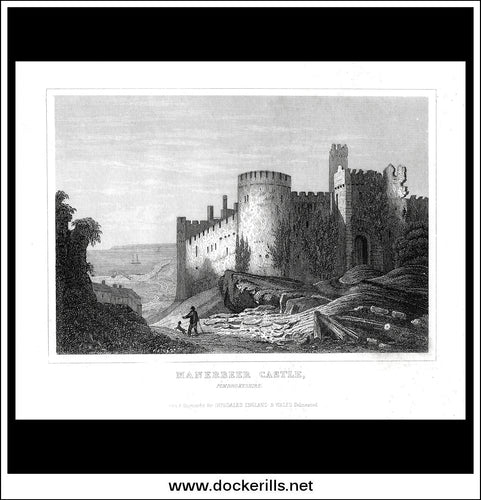 Manerbeer Castle, Pembrokeshire, Wales. Antique Print, Steel Engraving c. 1846.