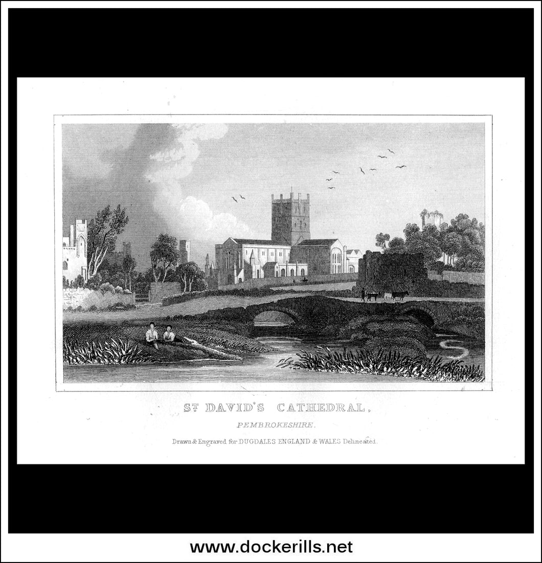 St. David's, Cathedral, Pembrokeshire, Wales. Antique Print, Steel Engraving c. 1846.