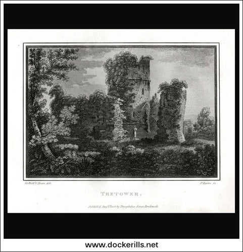 Tretower, Breconshire, Wales. Antique Print, Copper Plate Engraving 1805.