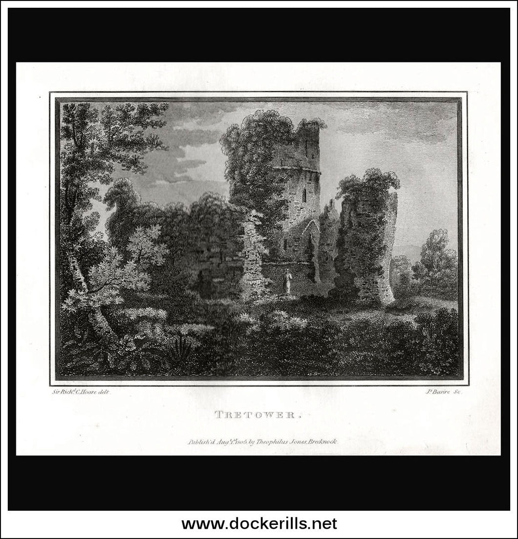 Tretower, Breconshire, Wales. Antique Print, Copper Plate Engraving 1805.