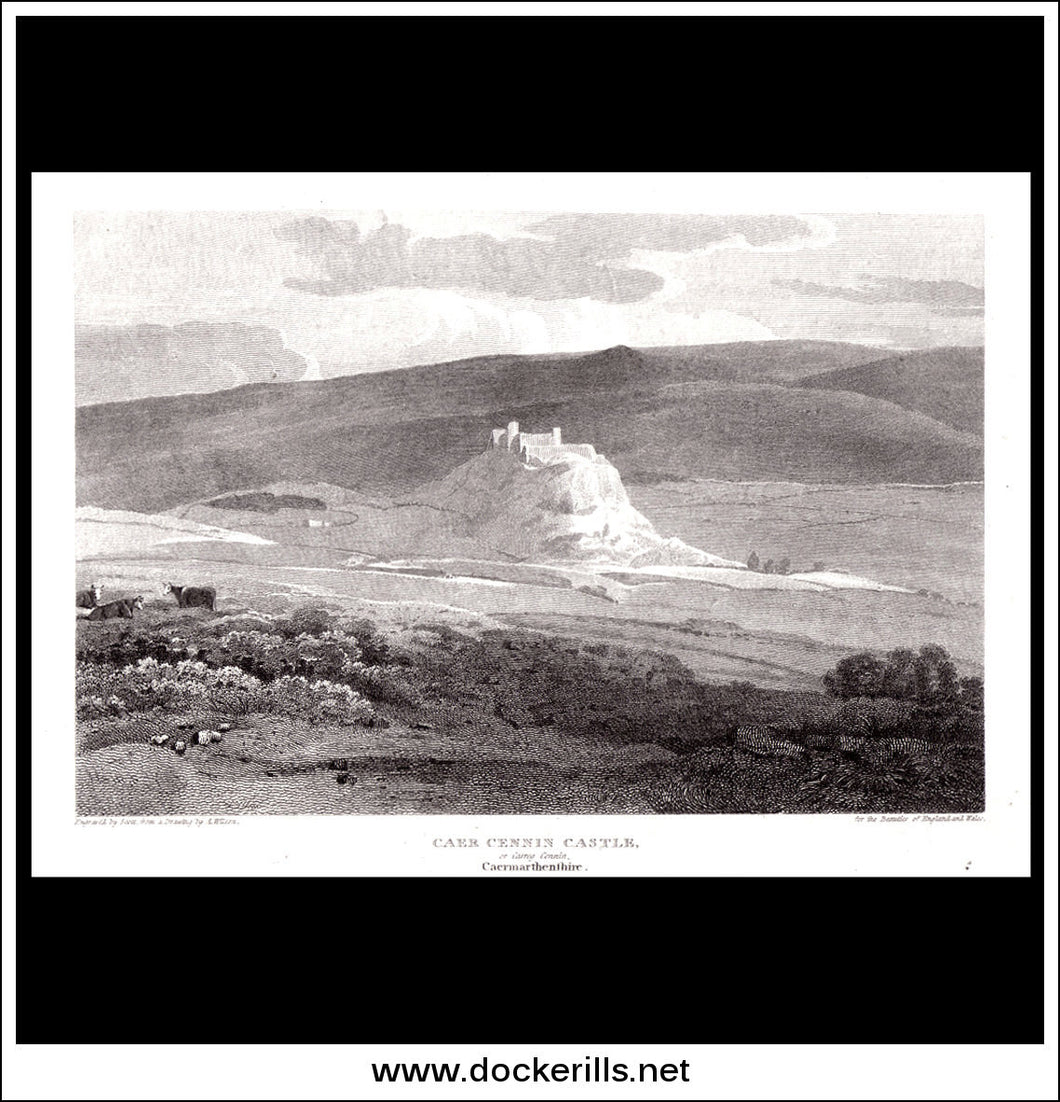 Caer Cennin Castle, Caermarthenshire, Wales. Antique Print, Copper Plate Engraving 1812.