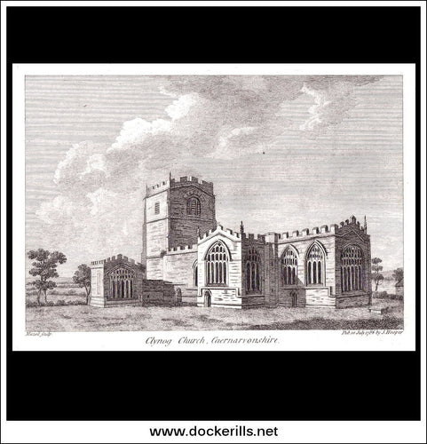 Antique print a view of Clynog Church Caernarvonshire England