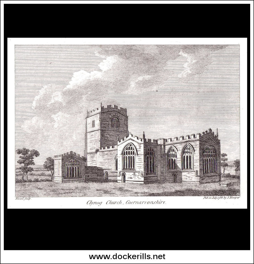 Antique print a view of Clynog Church Caernarvonshire England