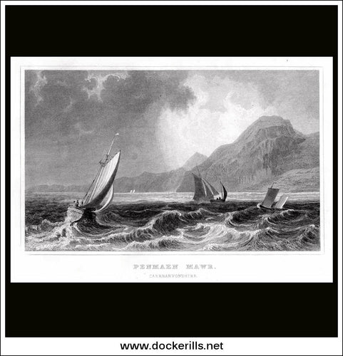 Penmaen Mawr, Caernarvonshire, Wales. Antique Print, Steel Engraving 1830.