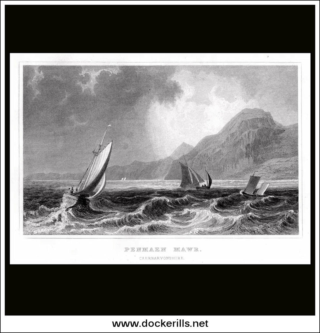 Penmaen Mawr, Caernarvonshire, Wales. Antique Print, Steel Engraving 1830.
