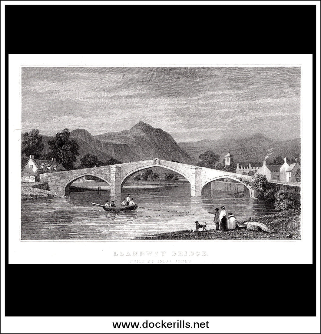 Antique print Llanrwst Bridge, Built By Inigo Jones, Denbighshire, Wales. Steel Engraving c. 1830.