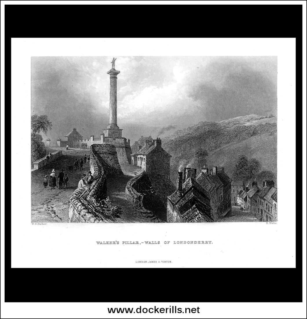 Walker's Pillar, Walls Of Londonderry, Co. Antrim, Northern Ireland. Antique Print, Steel Engraving c. 1840.