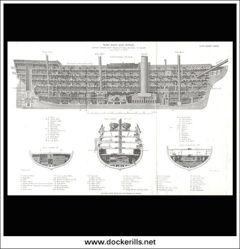 War Ship - Old Style. Screw Steam Ship Duke Of Wellington 131 Guns. Antique Print, Lithograph 1875.