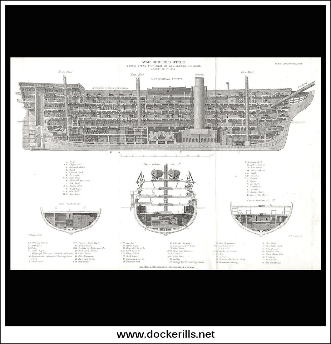 War Ship - Old Style. Screw Steam Ship Duke Of Wellington 131 Guns. Antique Print, Lithograph 1875.