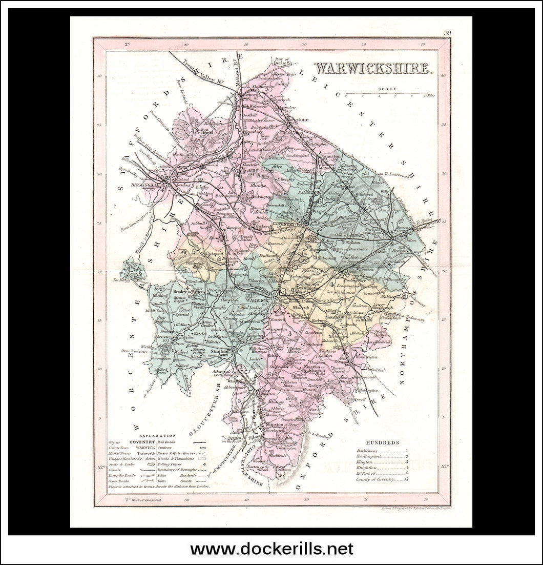 Map Of Warwickshire, England. Antique Print, Steel Engraving c. 1846.