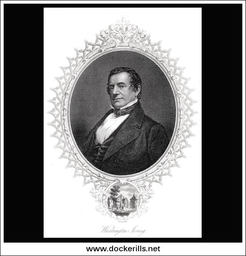 Washington Irving. Antique Print, Steel Engraving c. 1850.