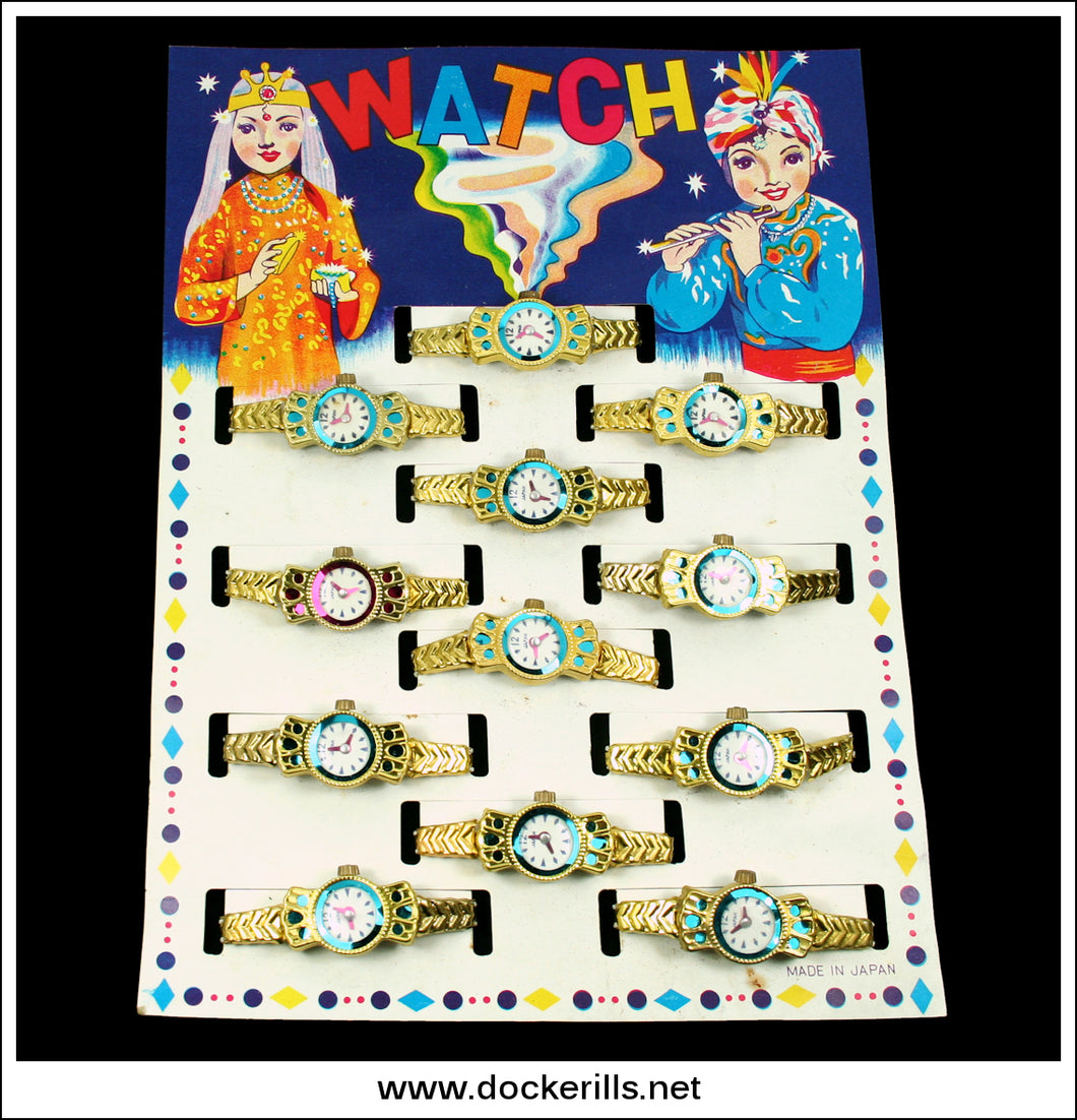 Toy Watch Trade Display Card, Vintage Novelty Tin Tin Plate Toy Watches, Japan 1.