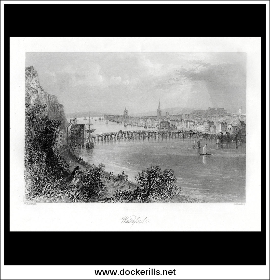 Waterford, Co. Waterford, Ireland. Antique Print, Steel Engraving c. 1840.