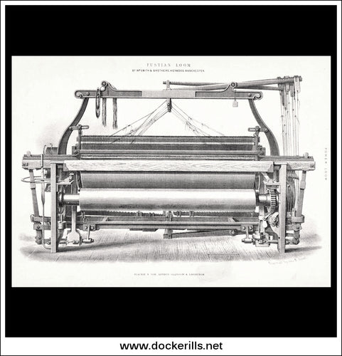 Weaving - Fustian Loom By W.Smith & Bros., Heywood, Manchester. Antique Print, Lithograph c. 1880.