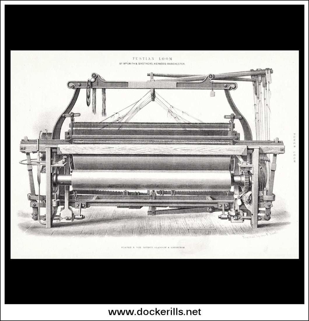 Weaving - Fustian Loom By W.Smith & Bros., Heywood, Manchester. Antique Print, Lithograph c. 1880.
