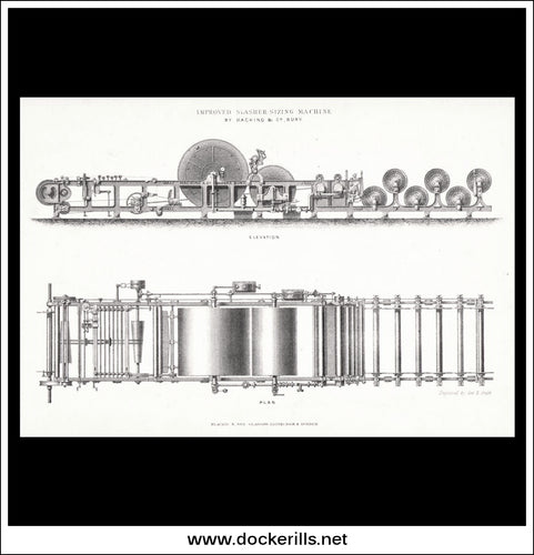 Weaving - Improved Slasher Sizing Machine by Hacking & Co., Bury. Antique Print, Lithograph c. 1880.