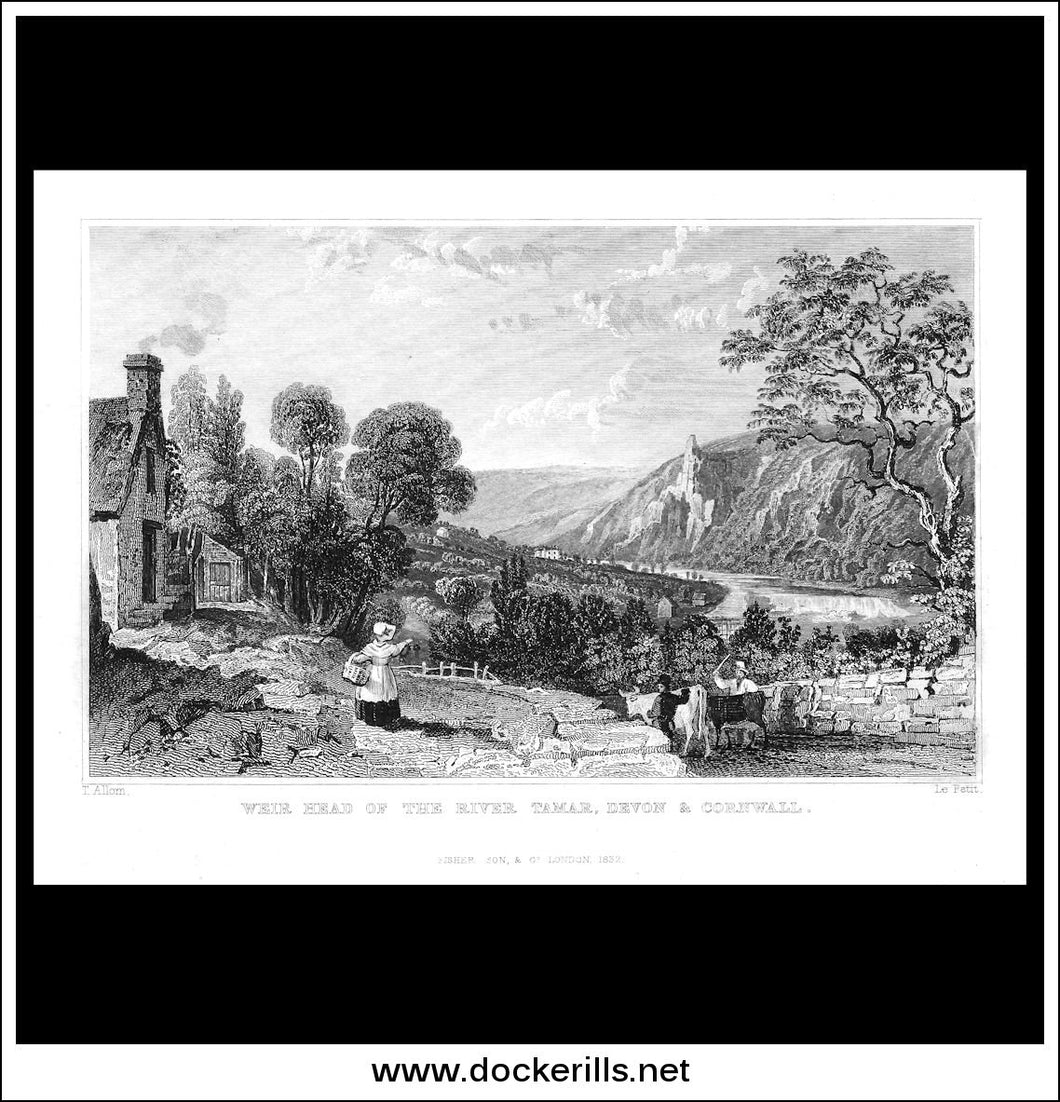 Weir Head Of The River Tamar, Devonshire, England. Antique Print, Steel Engraving 1832.