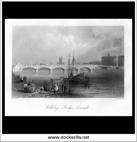 Wellesley Bridge, Limerick, County Limerick, Ireland. Antique Print, Steel Engraving c. 1840.