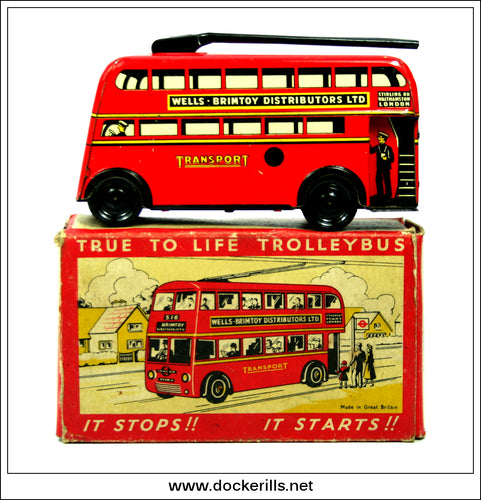 Trolley Bus. Vintage Clockwork Tin Plate Toy, Wells-Brimtoy Distributors Ltd., Great Britain 1.