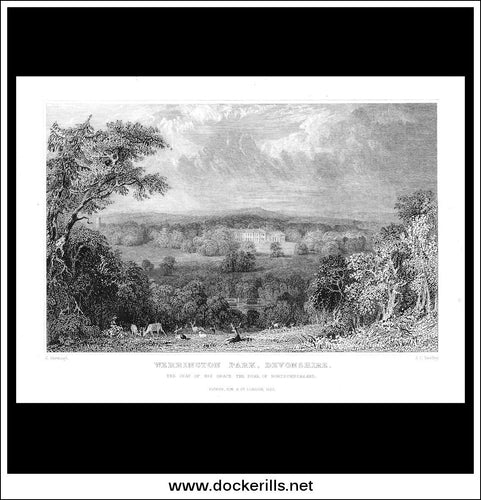 Werrington Park, Devonshire, England. Antique Print, Steel Engraving 1832.