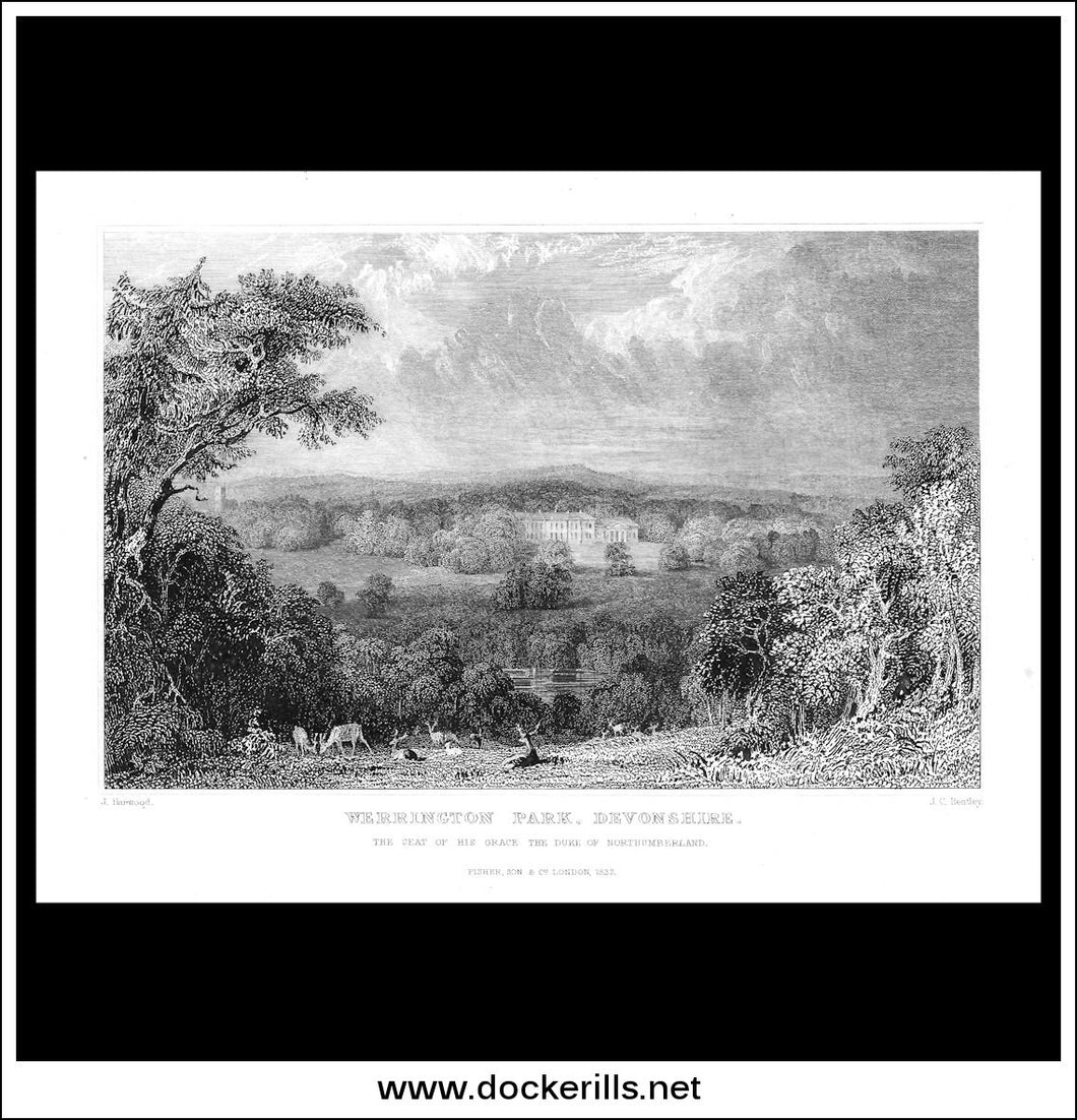 Werrington Park, Devonshire, England. Antique Print, Steel Engraving 1832.