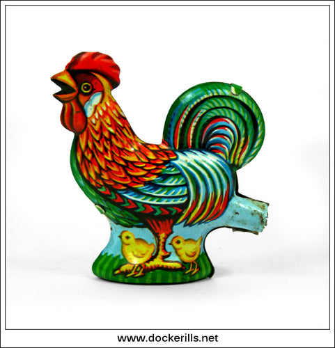 Vintage Tin Whistle / Noisemaker, Rooster Chickens Chicks. Vintage Novelty Tin Plate Toy. West Germany.