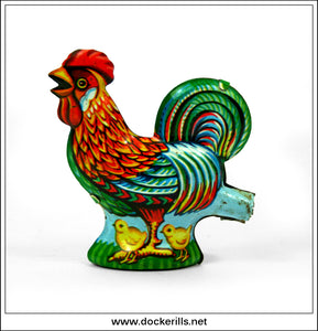 Vintage Tin Whistle / Noisemaker, Rooster Chickens Chicks. Vintage Novelty Tin Plate Toy. West Germany.