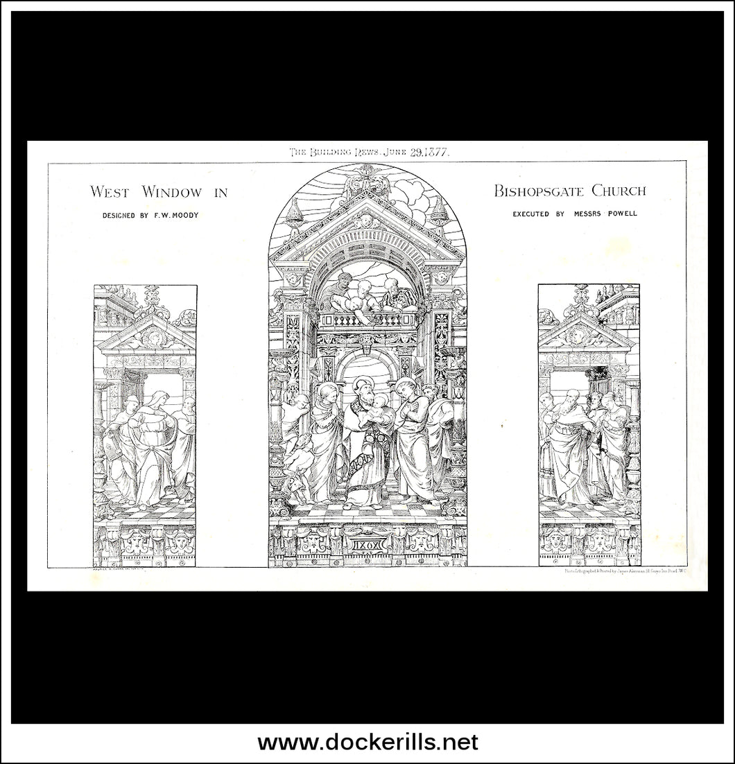 West Window In Bishopsgate Church. F.W. Moody. Antique Print, Lithograph 1877.