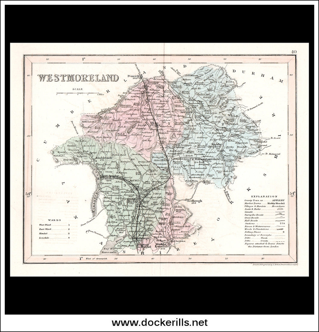 Map Of Westmoreland, England. Antique Print, Steel Engraving c. 1846.