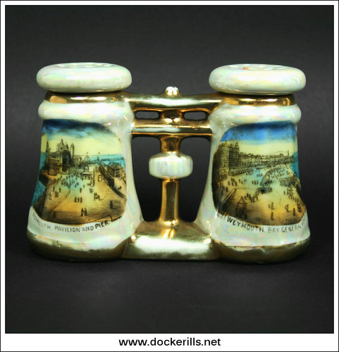 Antique Binocular Shaped Cruet, Salt & Pepper Pot. Weymouth Pier, Pavilion & Bay. Seaside Souvenir.