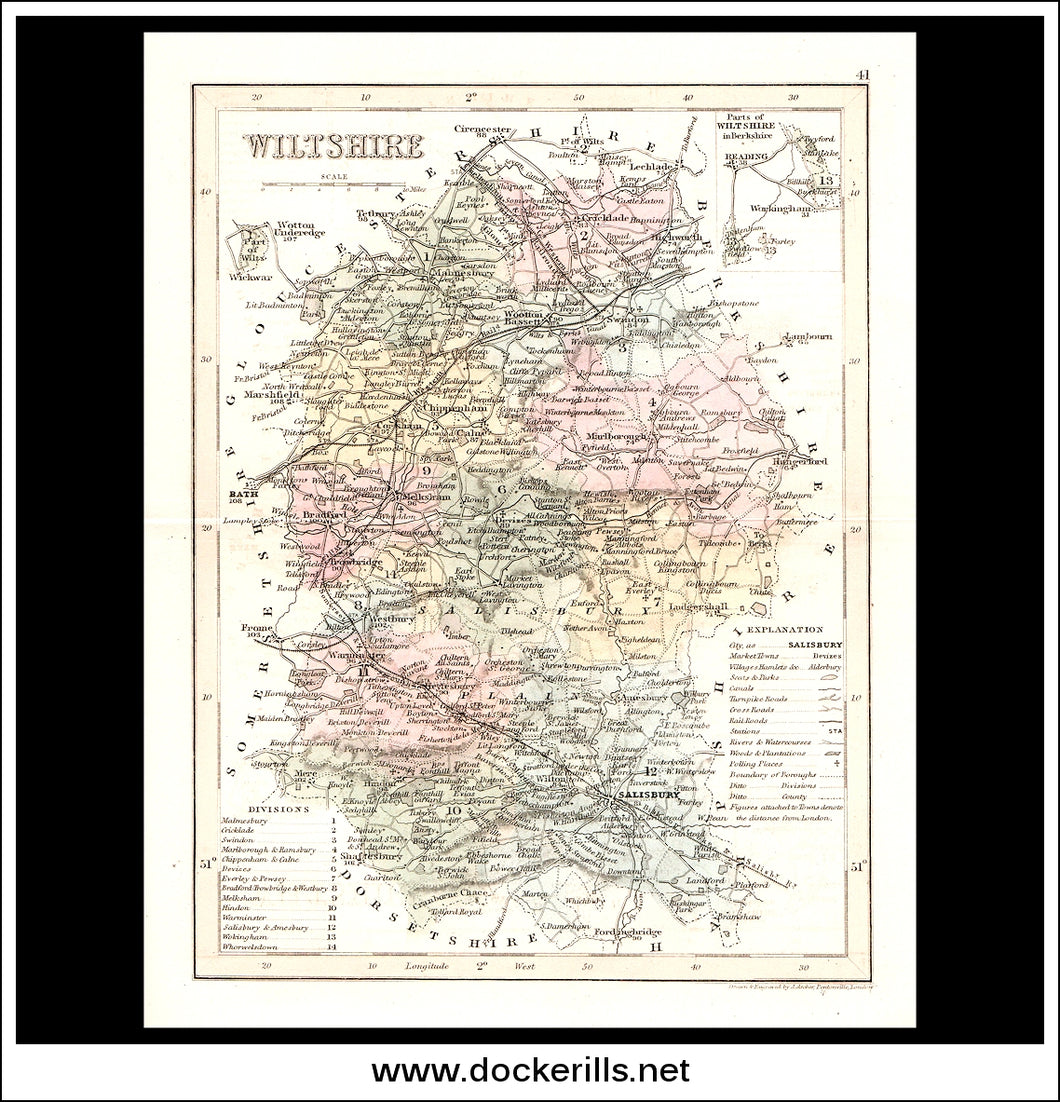 Map Of Wiltshire, England. Antique Print, Steel Engraving c. 1846.