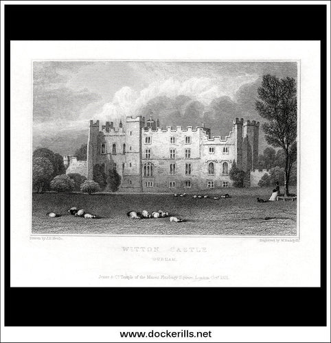 Witton Castle, County Durham, England. Antique Print, Steel Engraving c. 1830.