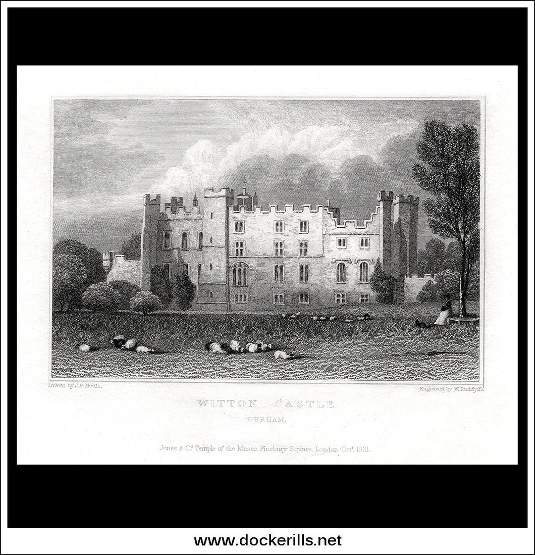 Witton Castle, County Durham, England. Antique Print, Steel Engraving c. 1830.