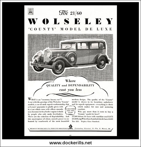 Wolseley 21/60 County Model De Luxe. Original Vintage Advert From July 6th, 1932.