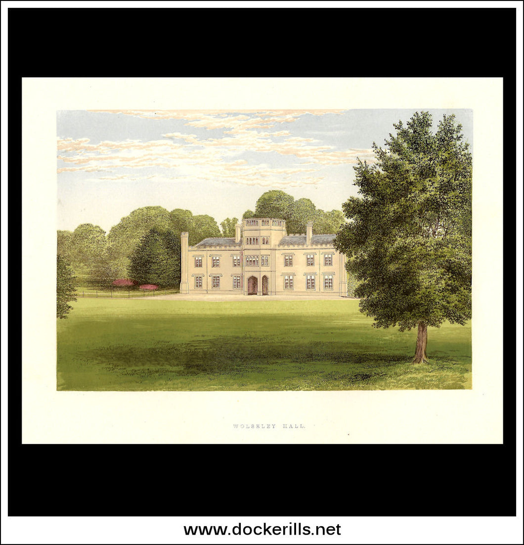 Wolseley Hall, Near Rugeley, Staffordshire. Antique Print, Chromoxylograph 1880.