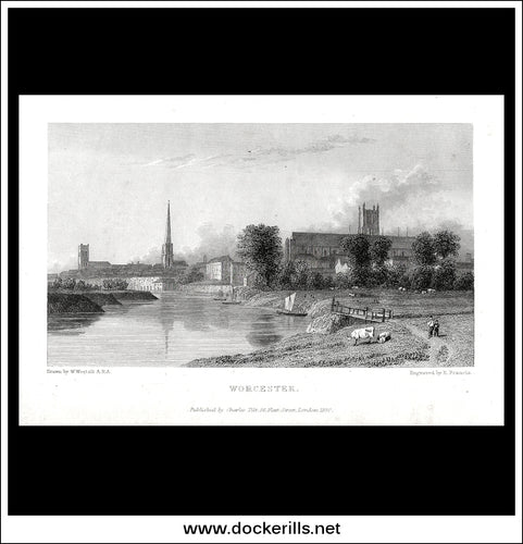 Worcester, Worcestershire, England. Antique Print, Steel Engraving 1830.