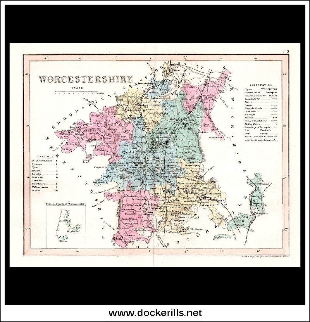 Map Of Worcestershire, England. Antique Print, Steel Engraving c. 1846.