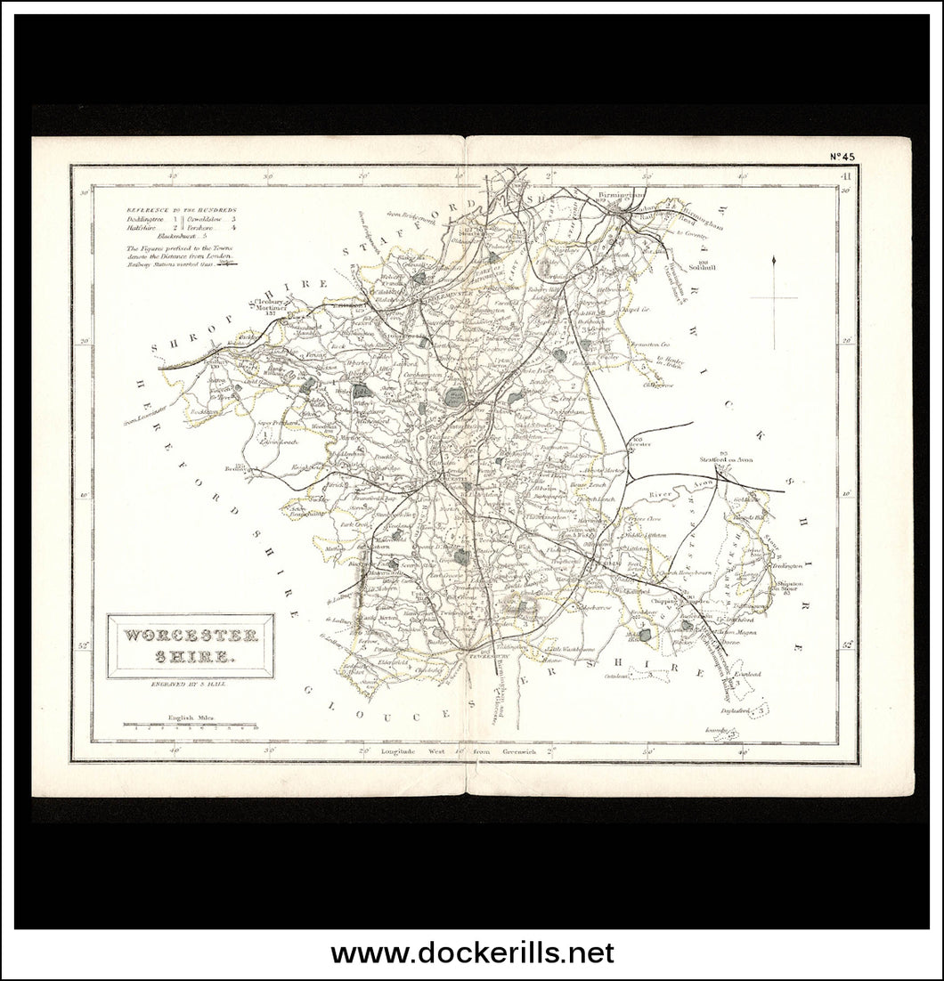 Map Of Worcestershire, England. Antique Map, Steel Engraving. S. Hall, 1833.