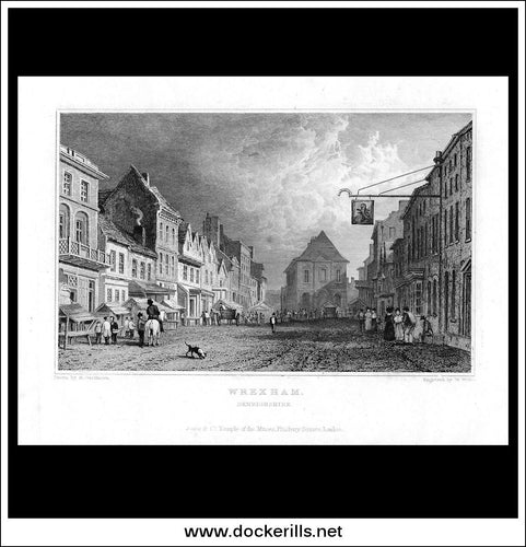 Antique Print Wrexham, Denbighshire, Wales. Steel Engraving c. 1830.