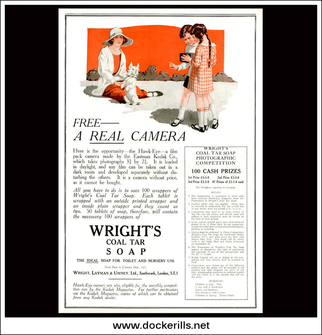 Wright's Coal Tar Soap. Free Kodak Camera. Original Vintage Advert From, May 24th, 1924.