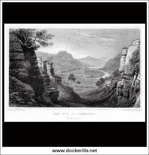 The Wye At Aberedwy, Radnorshire, Wales. Antique Print, Steel Engraving c. 1830.
