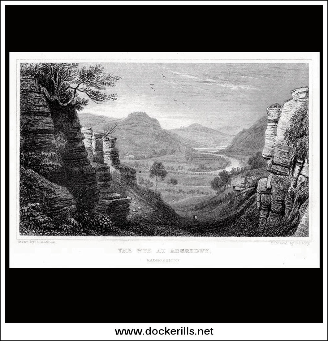 The Wye At Aberedwy, Radnorshire, Wales. Antique Print, Steel Engraving c. 1830.