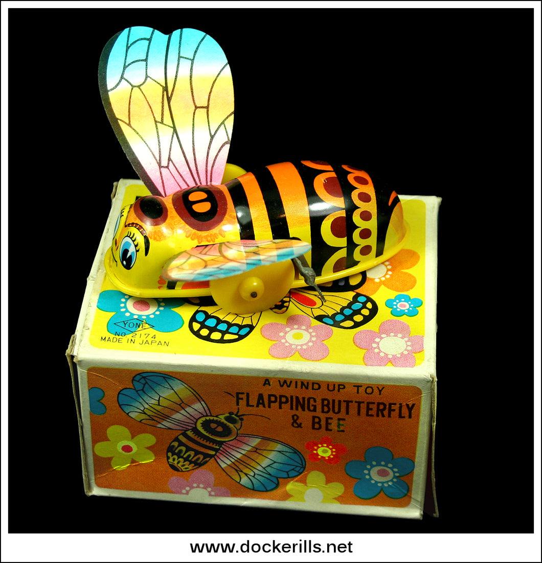 Flapping Bee, Novelty Tin Plate Toy. Clockwork / Wind-Up Novelty Toy, Yoneya, Japan. No. 2174 1.