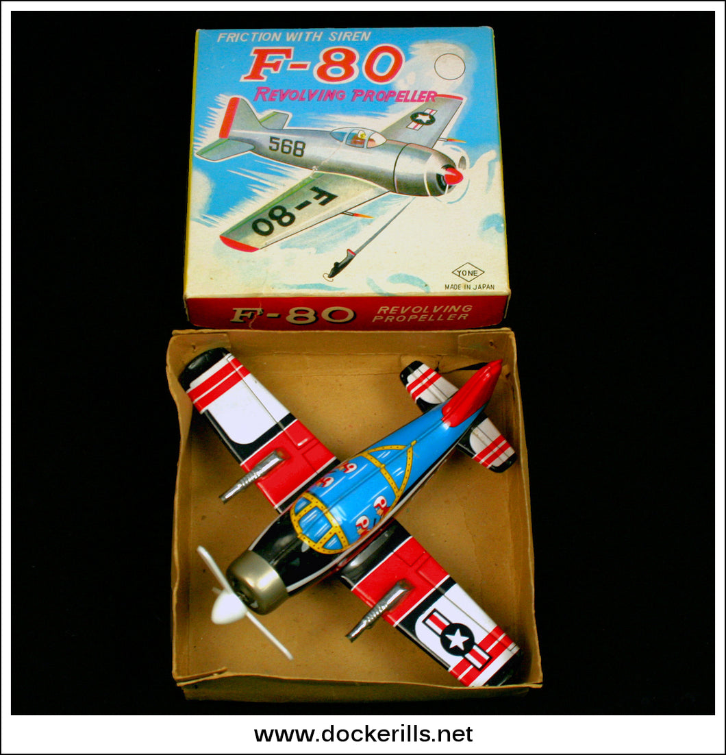 Vintage F-80 Aeroplane / Airplane Friction Drive Tin Plate Novelty Toy, Yoneya, Japan 1.