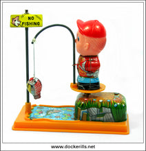 Fishing Boy, Vintage Tin Plate Clockwork / Wind-Up Novelty Toy, Yoneya, Yone Japan.