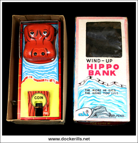Yoneya Yone Hippo Bank. Vintage Tin Plate Clockwork / Wind-Up Novelty Money Box / Money Bank, Japan 1.